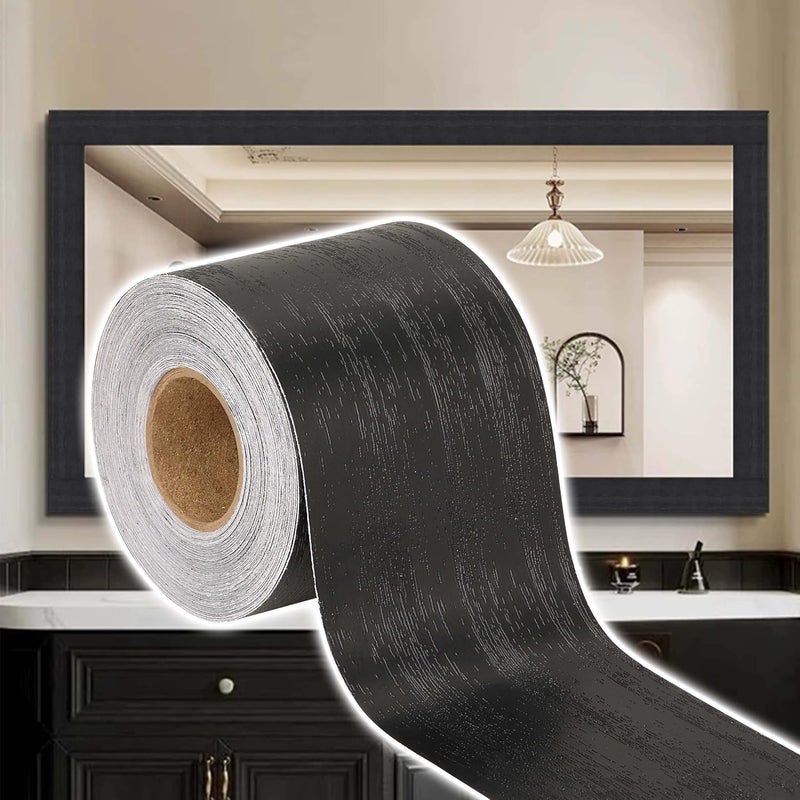 SICCOMA 10M Black Mirror Border Wood Grain Wallpaper Bathroom Mirror Border Tape Removable PVC Peel and Stick Bathroom Mirror Frame Trim Tape (Black, 3.1 Inch x 33FT) - Image 1